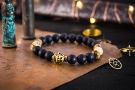 Eduardo - 8mm - Matte Black Onyx & Brown Jasper Stone Beaded Stretchy Bracelet with Gold Buddha
