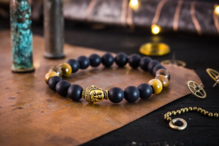 Krystian - 8mm - Matte Black Onyx & Tiger Eye Stone Beaded Stretchy Bracelet with Gold Buddha