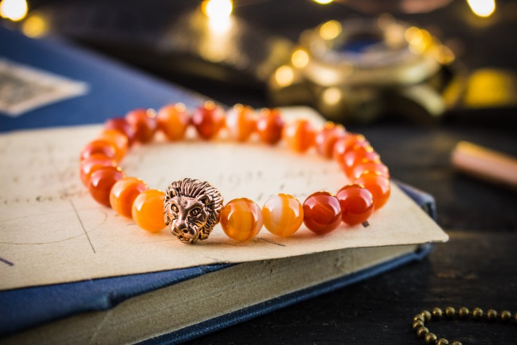 Robert - 8mm - Orange Agate Beads Stretchy Bracelet with Rose Gold Lion from STRAPSANDBRACELETS