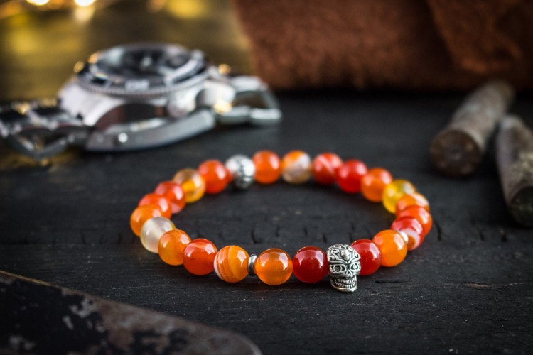 Jujhar - 8mm - Orange Agate Beads Stretchy Bracelet with Silver Skull from STRAPSANDBRACELETS