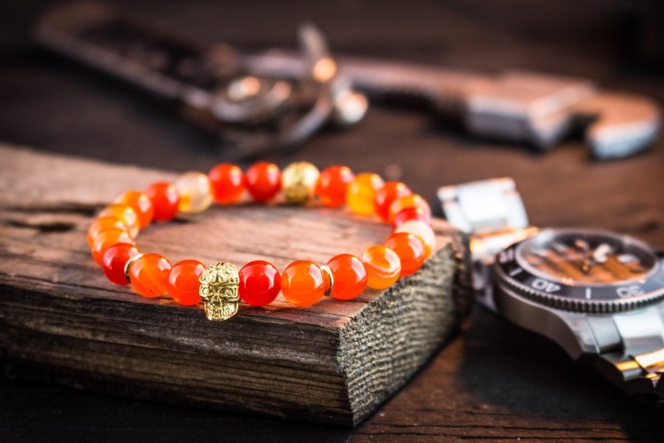 Rueben - 8mm - Orange Agate Beads Stretchy Bracelet with Gold Skull from STRAPSANDBRACELETS