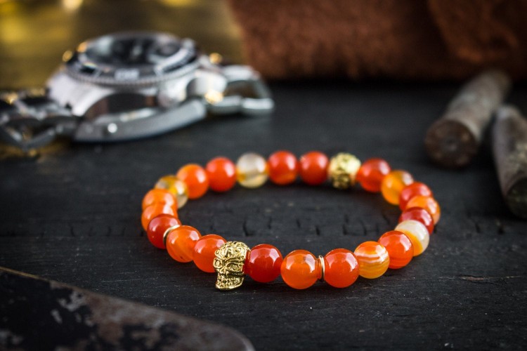 Rueben - 8mm - Orange Agate Beads Stretchy Bracelet with Gold Skull from STRAPSANDBRACELETS