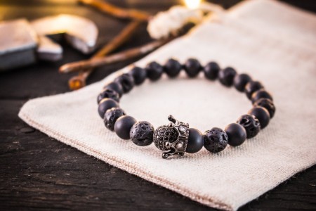 The Dark King II - 8mm -  Matte Black Onyx & Lava Stone Beaded Stretchy Bracelet with Black Micro Pave Crown