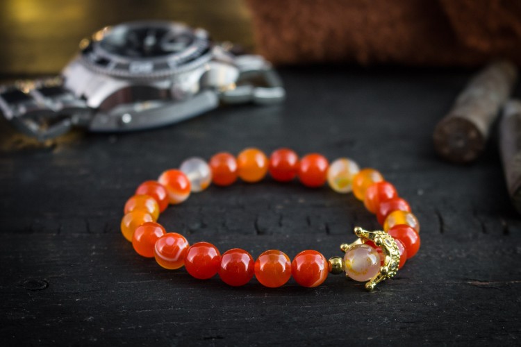 The Orange King - 8mm - Orange Agate Beaded Stretchy Bracelet with Gold Micro Pave Crown from STRAPSANDBRACELETS