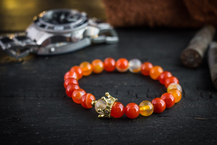 The Orange King - 8mm - Orange Agate Beaded Stretchy Bracelet with Gold Micro Pave Crown from STRAPSANDBRACELETS
