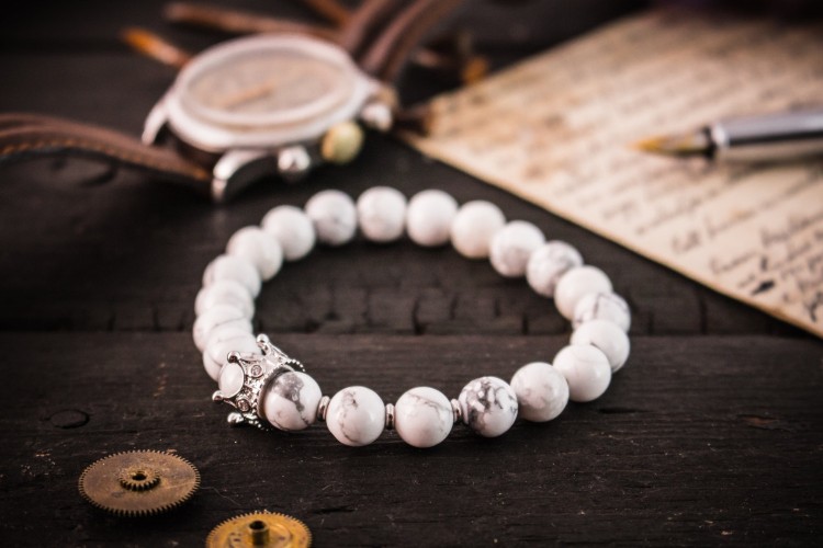 The White King II - 8mm - White Howlite Beaded Stretchy Bracelet with Silver Micro Pave Crown from STRAPSANDBRACELETS