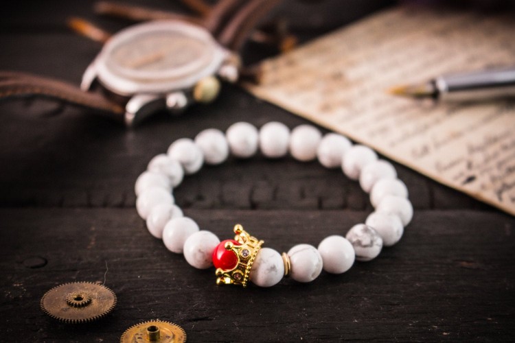 The Snow King - 8mm - White Howlite & Red Imitation Coral Beaded Stretchy Bracelet with Gold Micro Pave Crown from STRAPSANDBRACELETS