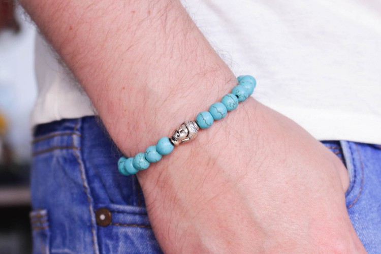 Rollo - 8mm - Turquoise Beaded Stretchy Bracelet with Silver Buddha from STRAPSANDBRACELETS