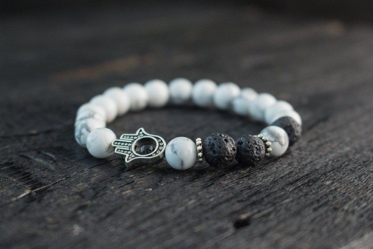 Cain - 8mm - White Howlite And Lava Stone Beaded Stretchy Bracelet with Silver Hamsa Hand from STRAPSANDBRACELETS