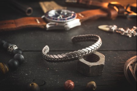 Leidheim  - Antiqued Woven Pattern Stainless Steel Cuff Bangle Men's Bracelet
