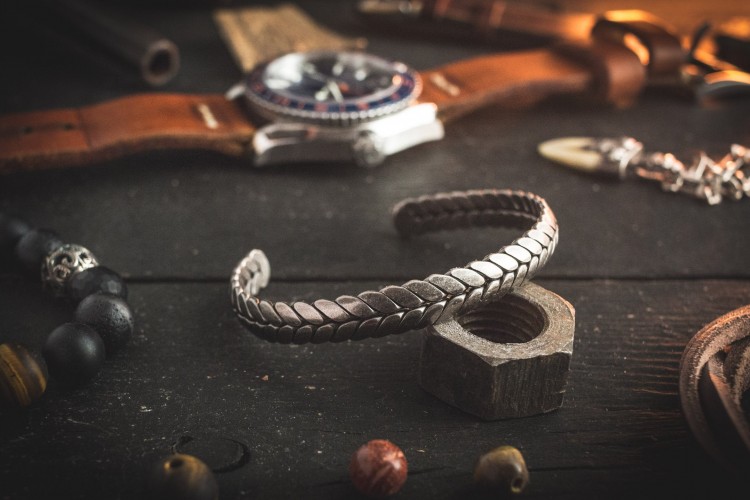 Leidheim  - Antiqued Woven Pattern Stainless Steel Cuff Bangle Men's Bracelet from STRAPSANDBRACELETS