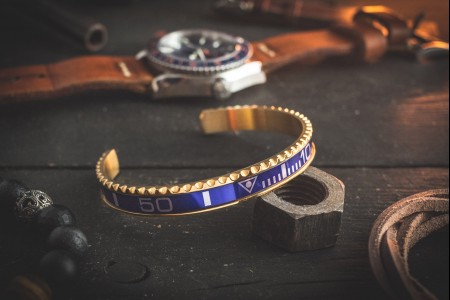 Gold Plated Blue Submariner Bezel Stainless Steel Cuff Bangle Men's Bracelet