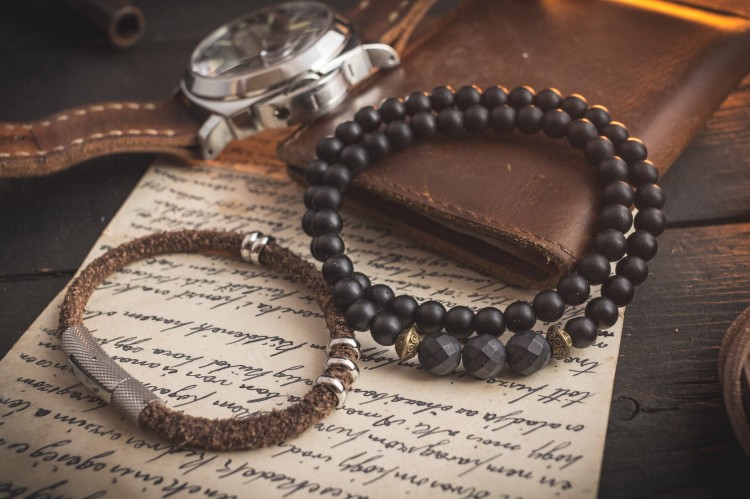 Elwyn - Pack Of Two - Vintage Hairy Brown Genuine Leather Braided Cord and Double Wrap 6mm Onyx Beaded Bracelets from STRAPSANDBRACELETS