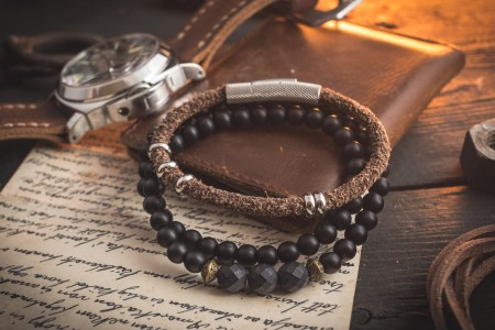 Elwyn - Pack Of Two - Vintage Hairy Brown Genuine Leather Braided Cord and Double Wrap 6mm Onyx Beaded Bracelets
