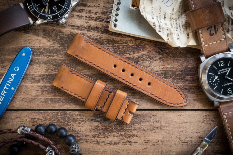 Antiqued Handmade 22/22mm Veg Tan Light Orangish Brown Leather Strap 125/80mm with Contrast Stitching from STRAPSANDBRACELETS