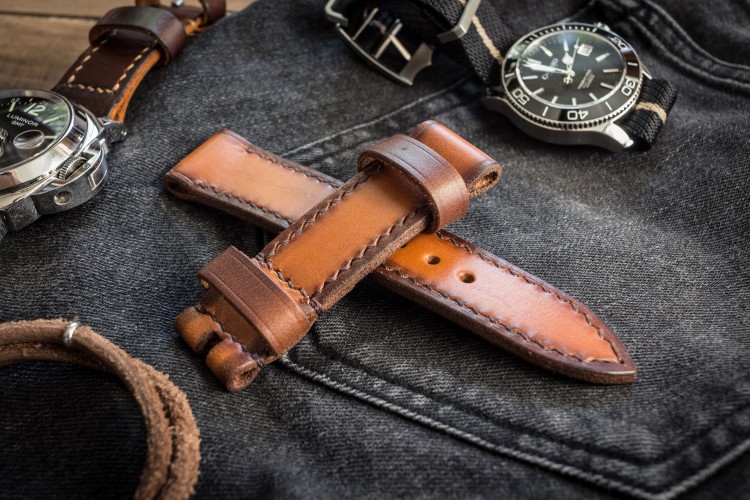 Antiqued Hand Stitched 22/22mm Veg Tan Brown Leather Strap 125/80mm With Darker Sides from STRAPSANDBRACELETS