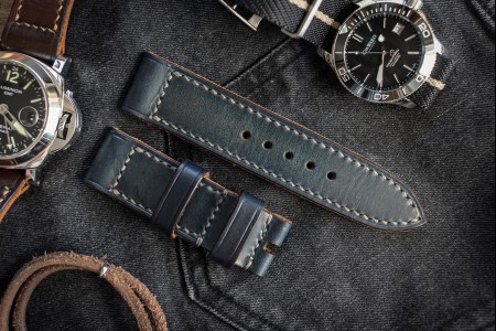 Antiqued Handmade 24/24mm Veg Tan Faded Blue Leather Strap 125/80mm With Contrast Grey Stitching