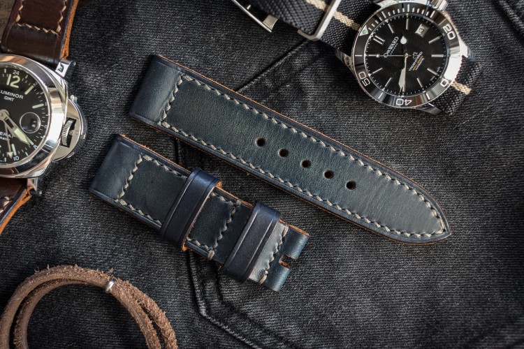Antiqued Handmade 24/24mm Veg Tan Faded Blue Leather Strap 125/80mm With Contrast Grey Stitching from STRAPSANDBRACELETS