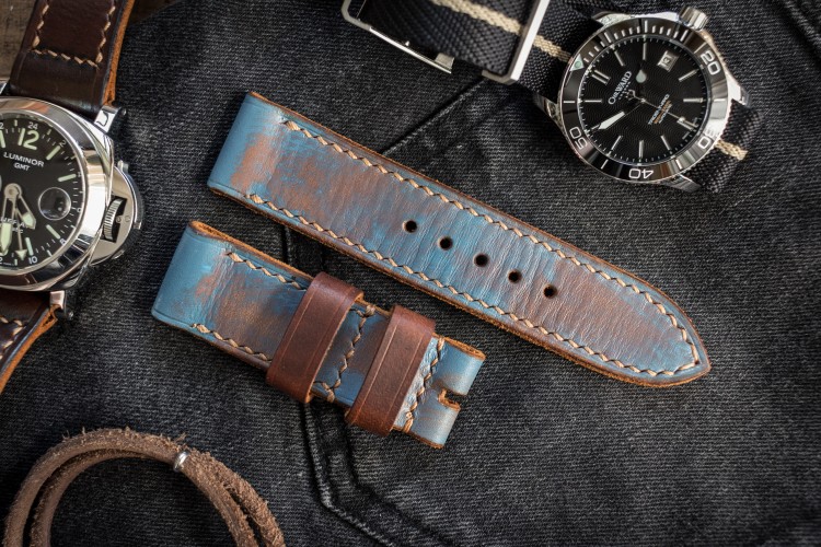 Antiqued Handmade 24/24mm Veg Tan Faded Light Blue Leather Strap 125/75mm With Contrast Beige Stitching from STRAPSANDBRACELETS
