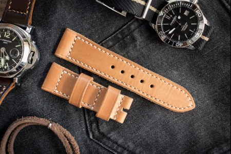 Handmade 24/22mm Veg Tan Natural Light Brown Leather Strap 125/75mm With Contrast Beige Stitching