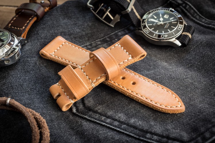 Handmade 24/22mm Veg Tan Natural Light Brown Leather Strap 125/75mm With Contrast Beige Stitching from STRAPSANDBRACELETS
