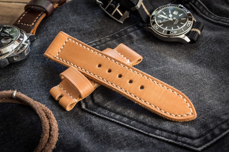 Handmade 24/22mm Veg Tan Natural Light Brown Leather Strap 125/75mm With Contrast Beige Stitching from STRAPSANDBRACELETS