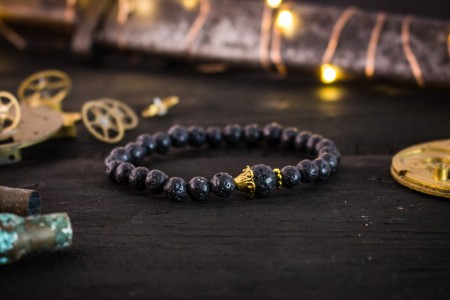 Pierre - 6mm - Black Lava Stone Beaded Stretchy Bracelet with Gold Accents