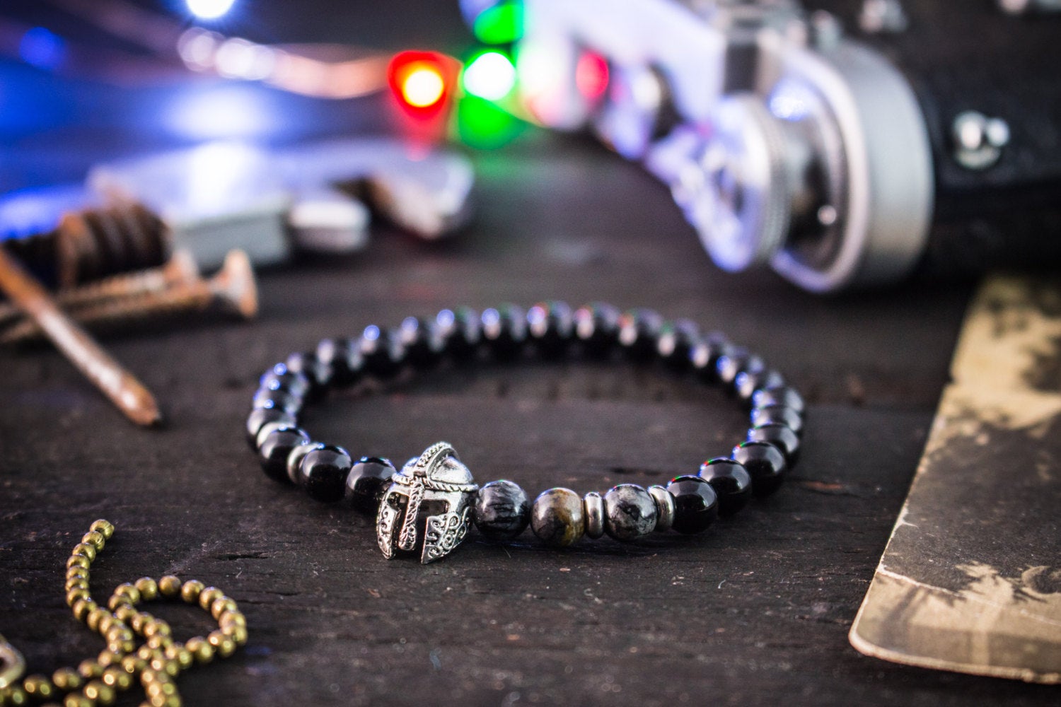 Zackary 6mm Black Onyx Picasso Stone Beaded Stretchy Bracelet with Silver Spartan Helmet