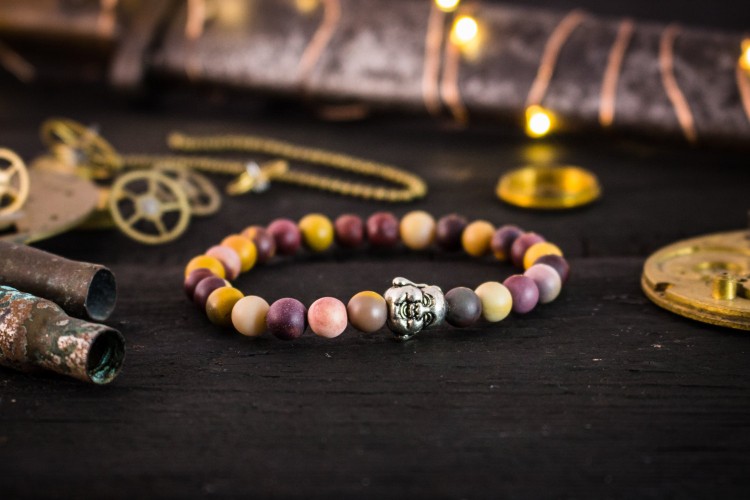 Mani - 6mm - Frosted Mookaite Beaded Stretchy Bracelet with Silver Buddha from STRAPSANDBRACELETS