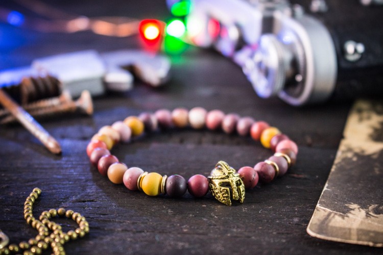 Aeryn - 6mm - Frosted Mookaite Beaded Stretchy Bracelet with Gold Spartan Helmet from STRAPSANDBRACELETS
