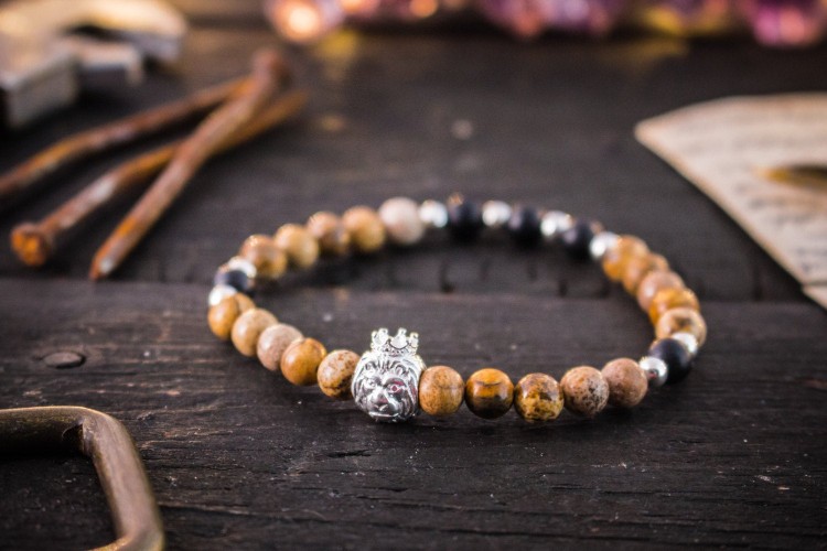Caie - 6mm -  Jasper Stone & Matte Black Onyx Beaded Stretchy Bracelet with Sterling Silver Lion And Beads from STRAPSANDBRACELETS