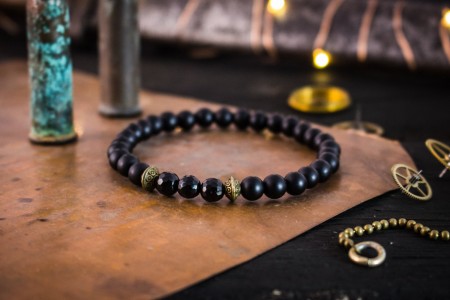 Mihai - 6mm - Matte Black & Faceted Shiny Onyx Beaded Stretchy Bracelet with Bronze Accents