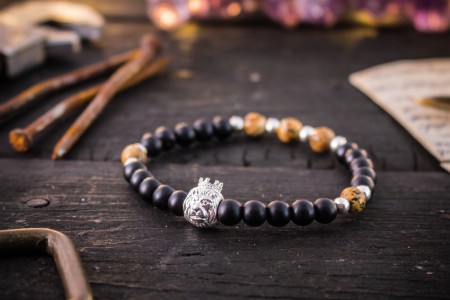 Karim - 6mm - Matte Black Onyx & Jasper Stone Beaded Stretchy Bracelet with Sterling Silver Lion And Beads