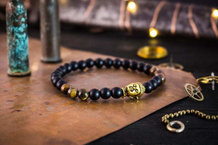 Hugo - 6mm - Matte Black Onyx & Tiger Eye Stone Beaded Stretchy Bracelet with Gold Buddha from STRAPSANDBRACELETS
