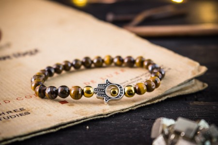 Deonte - 6mm - Tiger Eye Hamsa Hand Stretchy Bracelet with Gold Plated Hematite Beads