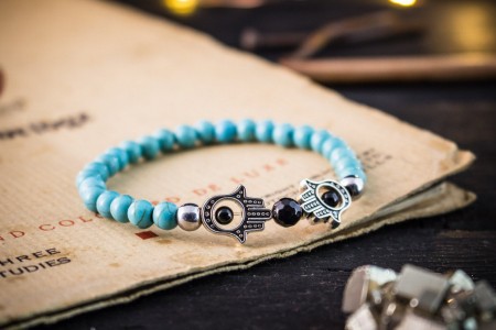 Ioannis - 6mm - Turquoise Beaded Stretchy Bracelet with Silver Hamsa Hands