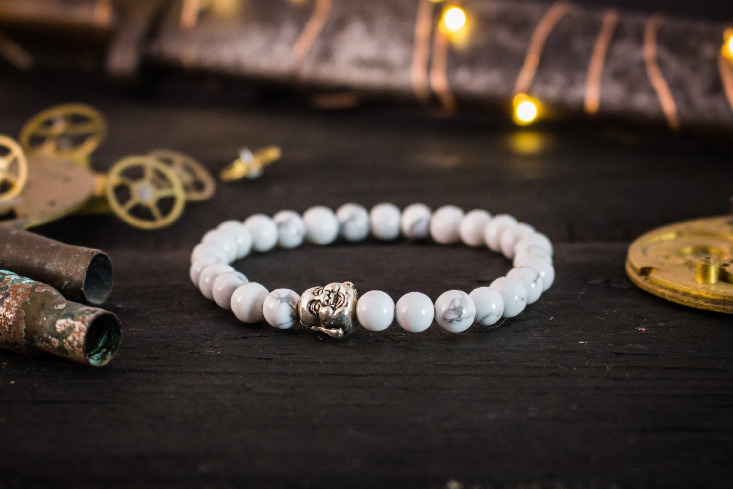 Vasilis 6mm White Howlite Beaded Stretchy Bracelet with Silver Buddha