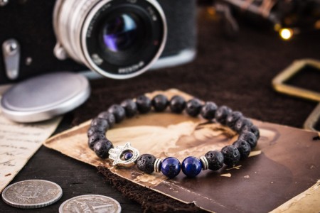 Regann - 8mm - Black Lava Stone And Blue Lapis Lazuli Beaded Stretchy Bracelet with Silver Hamsa Hand