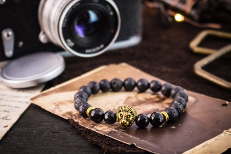 Rafe - 8mm - Black Lava Stone Beaded Gold Lion Stretchy Bracelet with Faceted Beads