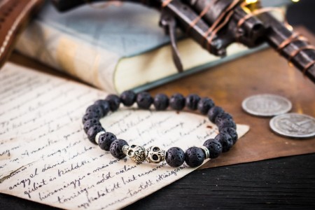 skull and black lava beads bracelet