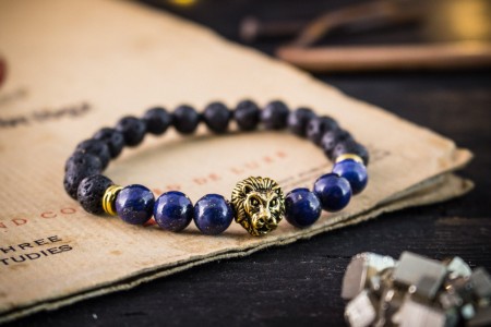 Gavyn - 8mm - Black Lava Stone & Lapis Lazuli Beaded Stretchy Bracelet with Gold Lion