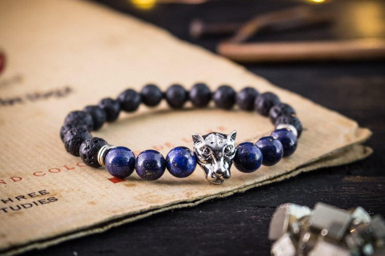 Isaiah - 8mm - Black Lava Stone & Lapis Lazuli Beaded Silver Leopard Stretchy Bracelet from STRAPSANDBRACELETS