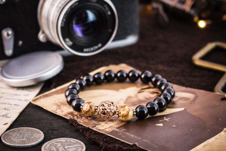 Kiran - 8mm - Black Onyx Beaded Rose Gold Lion Stretchy Bracelet with Jasper Stone Beads and Silver Flowers from STRAPSANDBRACELETS