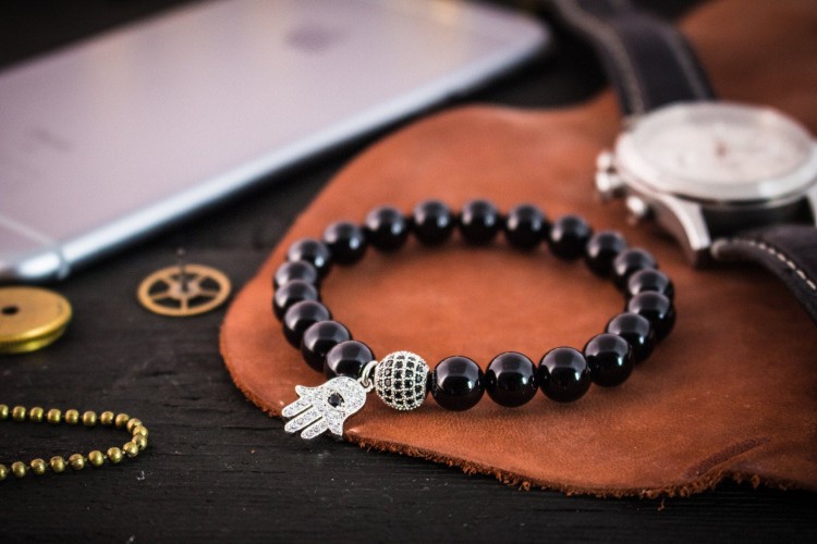 Efren - 8mm - Black Onyx Beaded Stretchy Bracelet with Silver Micro Pave Hamsa Hand Charm & Ball from STRAPSANDBRACELETS