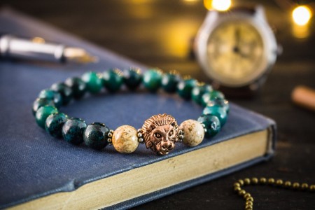 Milan - 8mm - Greenish Chrysocolla And Jasper Stone Beaded Stretchy Bracelet with Rose Gold Lion