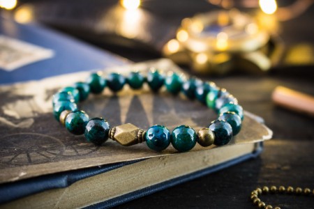 Sabawoon - 8mm - Greenish Chrysocolla Beaded Stretchy Bracelet with Bronze Beads
