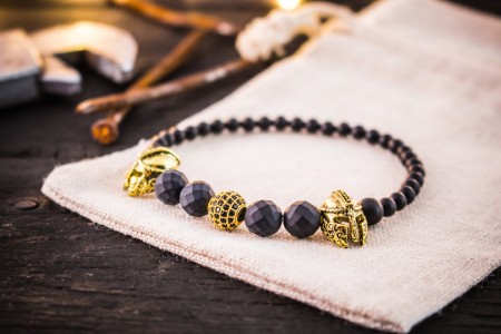 Guardians I - 4-8mm - Matte Black Faceted Stretchy Beaded Stretchy Bracelet with Gold Micro Pave Bead And Helmets