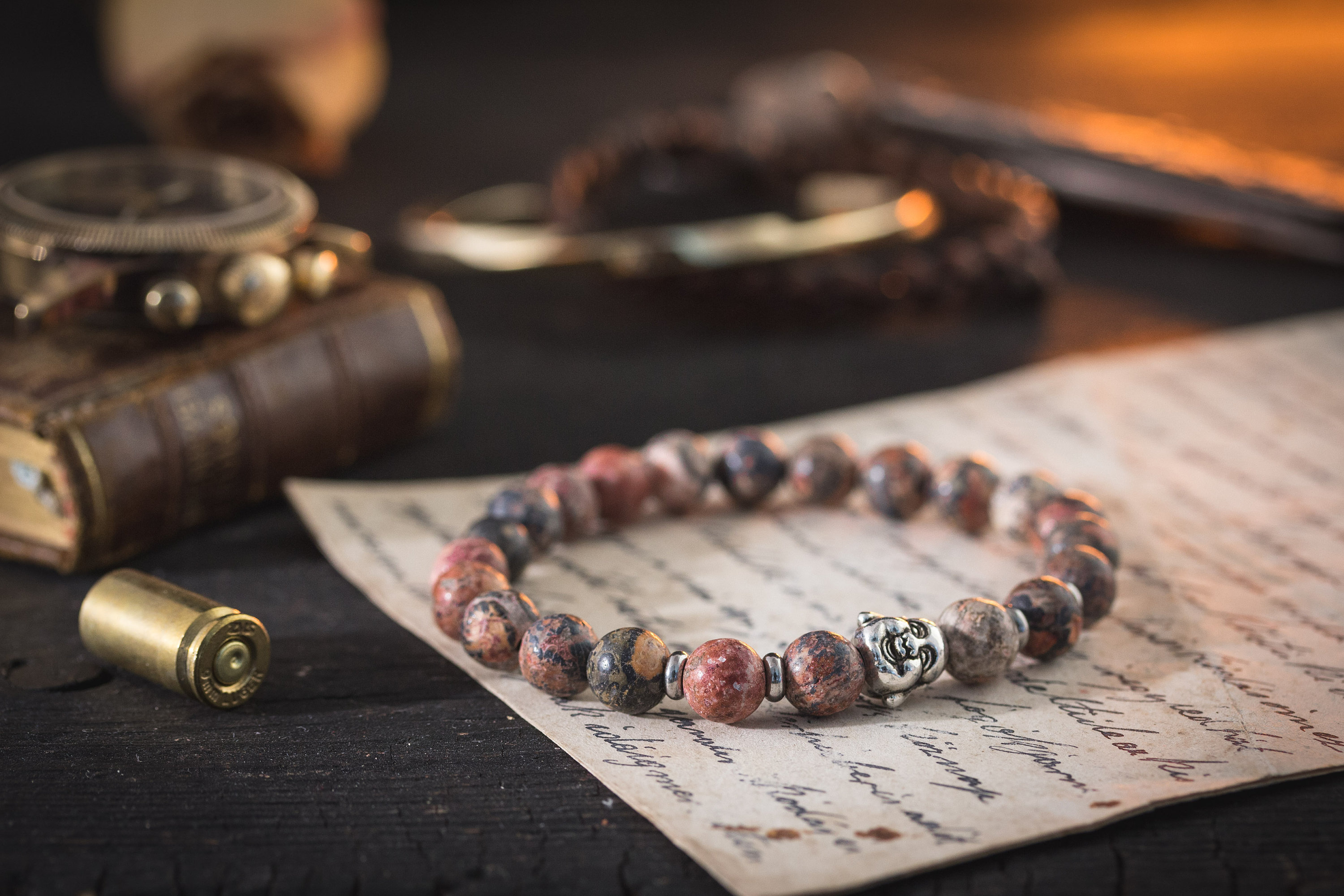 Kucha 8mm Leopard Skin Beaded Stretchy Bracelet with Silver Laughing Buddha