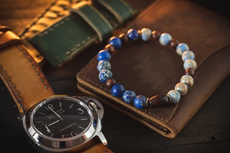 David - 8mm - Light & Deep Blue Regalite Beaded Stretchy Bracelet with Wooden Beads