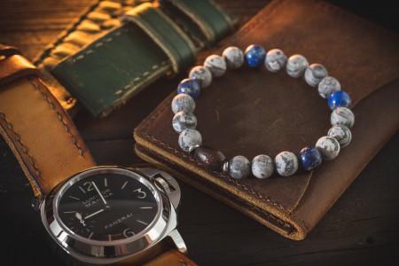 Evander - 8mm - Light Gray Picasso Stone & Deep Blue Regalite Beaded Stretchy Bracelet with Wooden Bead